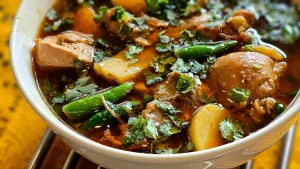 Ragoût de poulet mijoté au vin rouge avec légumes dans une cocotte rustique